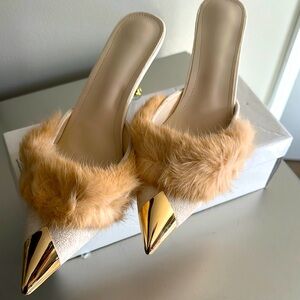 SHEIN Cream Fur-Trimmed Mules with Gold Accents